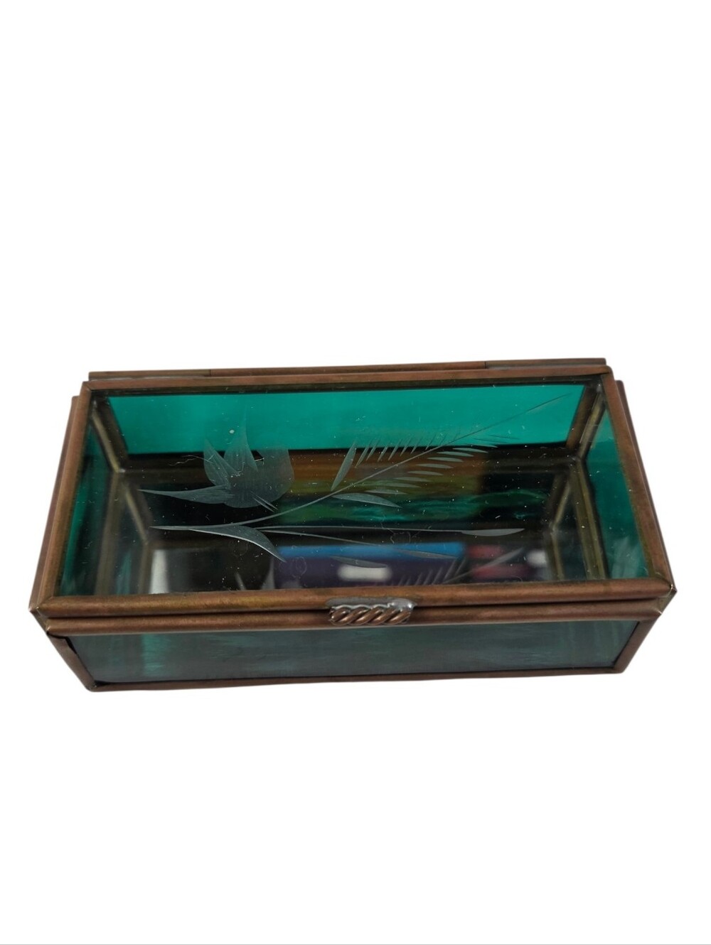 Vintage Etched Green Glass & Brass Mirror Bottom Trinket Box Made in Mexico